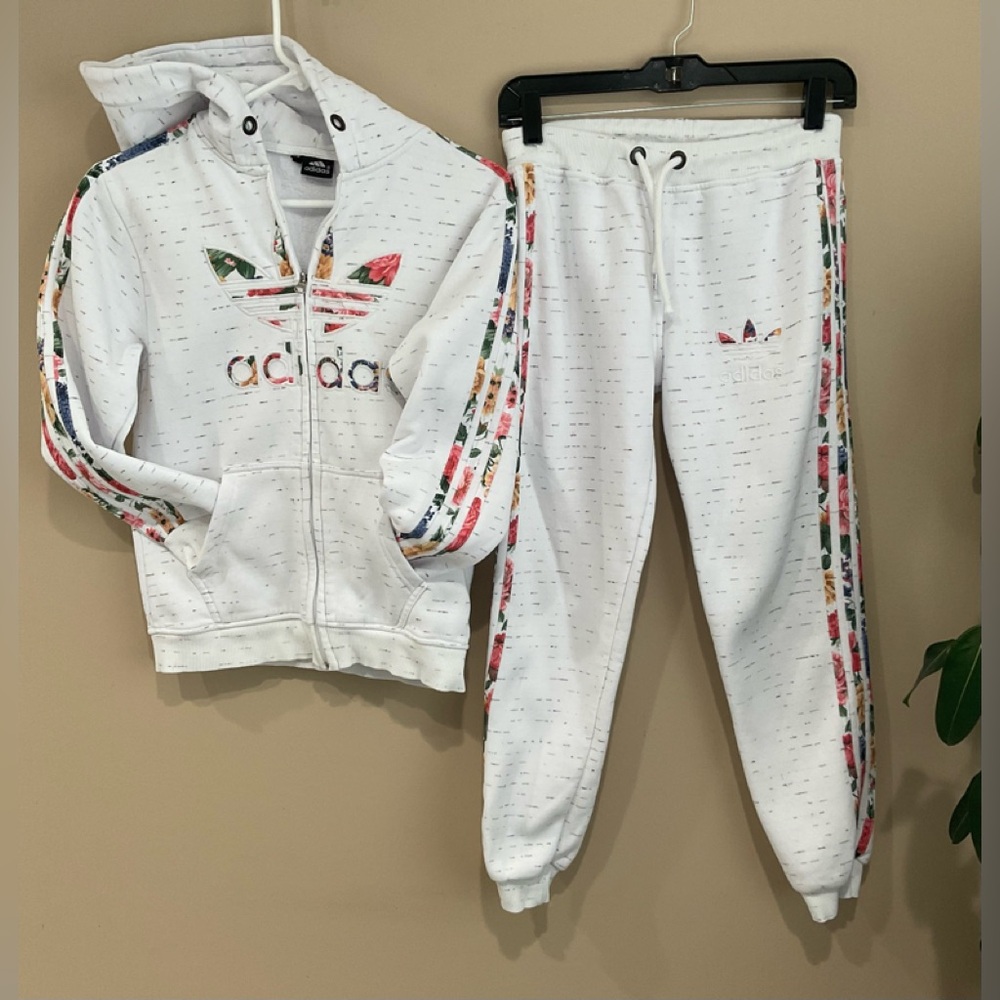 🌺Adidas Kids White Kangaroo Hoodie & Pants Fleece Lined Tracksuit, 10-12 Y
